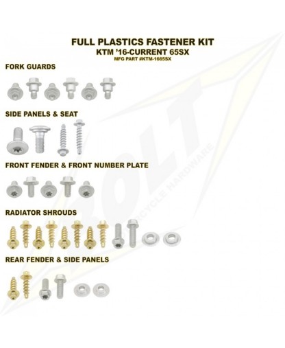 BOLT HARDWARE FULL PLASTIC FASTENER KIT KTM SX65 16-22 MC65 21-